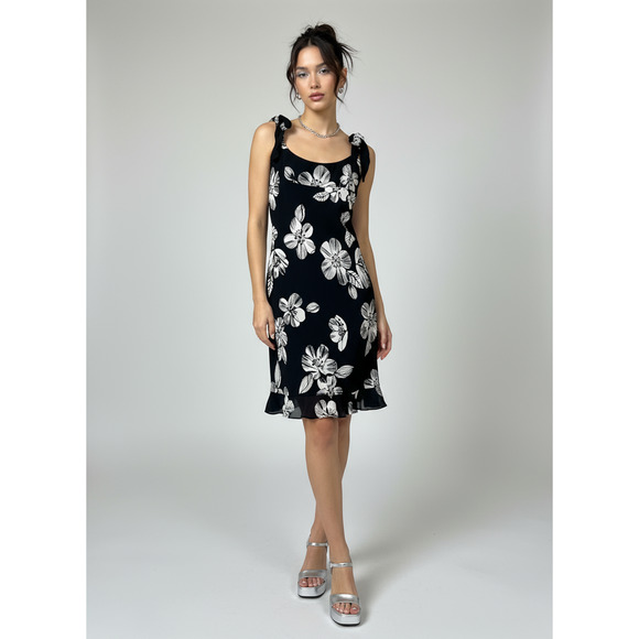 Vintage Kelly and Diane Silk Mini Dress Black White Beaded Floral Size 2 - Picture 2 of 7